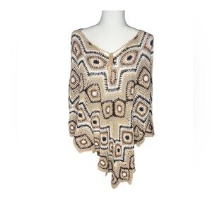 Crochet Brown & Cream Poncho Boho Knit